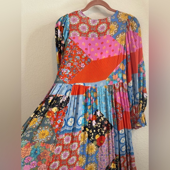 NWT SPELL Cha Cha Boho Patchwork Print Peasant Midi Dress in Multi Sz Small - Picture 14 of 16